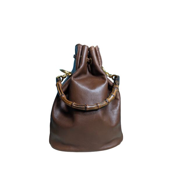 AUTH VTG GUCCI Bucket Bag Brown Leather Bamboo Top Handle Gold Hardware - Picture 6 of 10